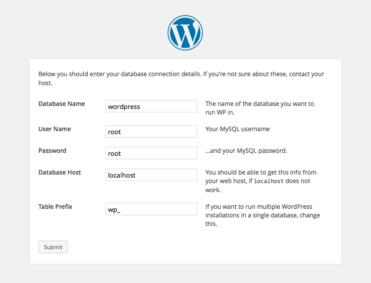 the wordpress setup page